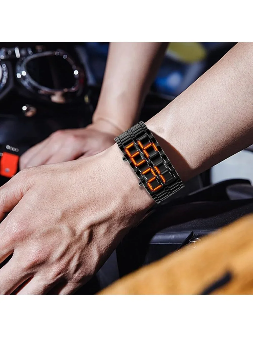 Men's Black Red Analog Quartz Lava Style Stainless Steel Bracelet Digital Watch